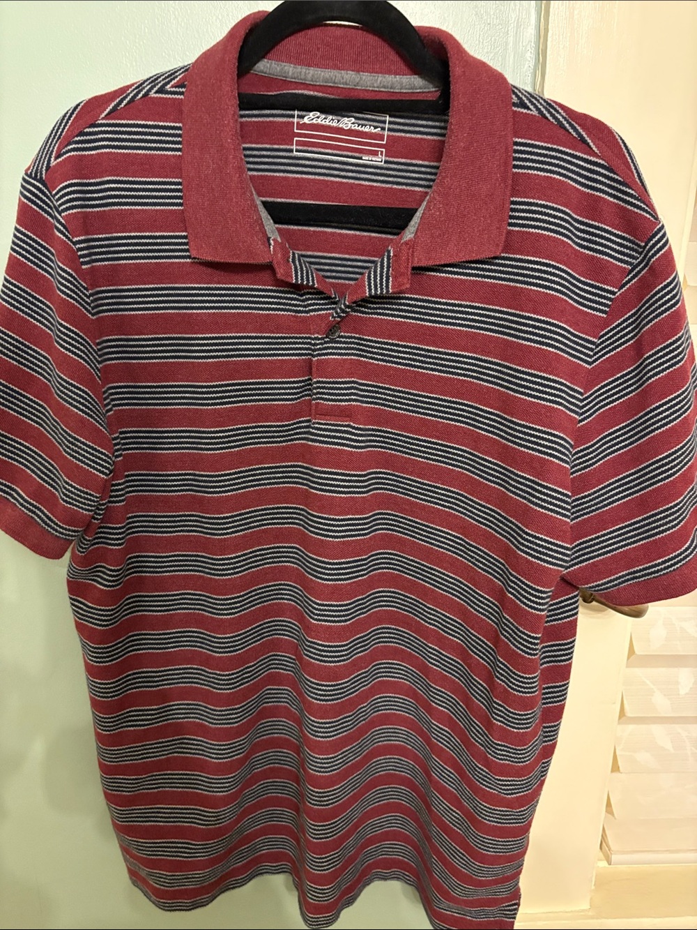 Eddie Bauer Striped Polo Shirt Mens Large Red Blue Short Sleeve